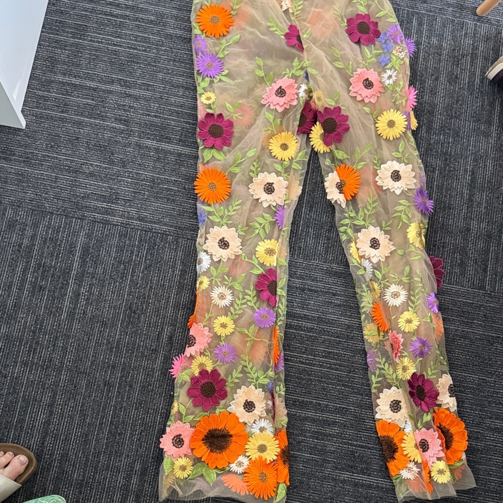 Fashion Nova Sheer Wide-Leg Floral Appliqué Pants in Multicolor